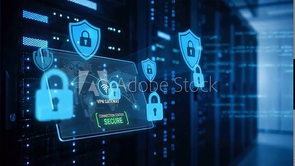 Secure Connection: VPN gateway interface in remote network with floating shield and lock icons