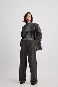 Check Pleated Mid Waist Suit Pants Grey