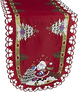 Embroidered Christmas Holiday Santa Claus and Christmas Trees 16 x 53 Inch Approx Doily Table Runner Dresser Scarf Coffee Table Runner on Red