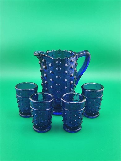 Vintage Cobalt Blue Hobnail Glass Pitcher With Four Aperitif Glasses - Etsy