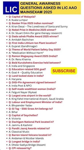“LIC AAO Mains 2025 – General Awareness Questions with Answers | 8 Nov Exam Review | Expected Cutoff