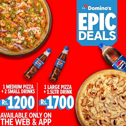 Whatever the craving, there’s an Epic combo waiting. 1 Medium Pizza 2 Small Drinks Rs. 1200 1 Large Pizza 1.5 Litre Drink Rs. 1700 Available on web and app. Place an order at https://www.dominos.com.pk/menu | 021-111-366-466 OR Download the app: Play Store - https://bit.ly/2Wptg9p App Store - https://apple.co/2ZbXiKV #DominosPakistan #GreatnessByDominos #EpicDeals #Web&App #BigDeals #BigHunger #DoubleDeals #HungryForMore | Domino's Pizza