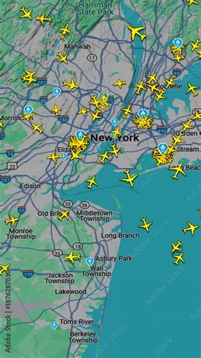 Air Traffic Map Showing Multiple Aircraft Over New York and Philadelphia Region, Digital navigation display illustrating dense flight activity, routes, and real time monitoring, vertical footage