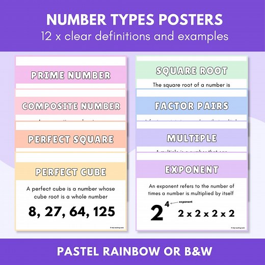 Number Types Posters | 12 X Terms (pastel Rainbow or B&W) - Etsy Australia
