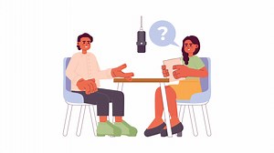 Interview podcast cartoon animation. Host guest talks 4K video motion graphic. Indian adult woman interviewer asking question interviewee man 2D color animated characters isolated on white background