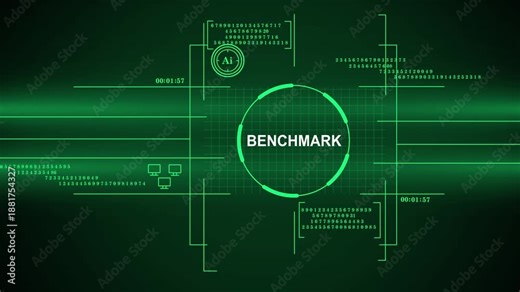 Futuristic Green HUD Interface with Benchmark Text and AI Icon Digital Data Visualization Background for Performance Testing and Technology Analytics