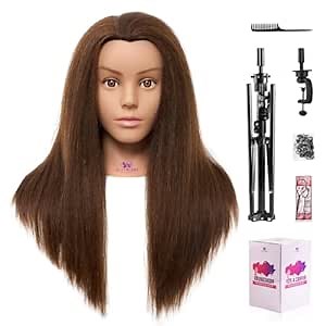 100% Mannequin Head Human Hair with 47“ Mannequin Stand Tripod,20" Hair Mannequin Cosmetology Manikin Training Doll Head with Mannequin Head Stand Table Clamp Practice Styling Set(Brown)
