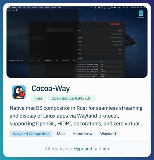 Open source native macOS Wayland compositor for running Linux apps on macOS without XQuartz, with Retina scaling and native windows