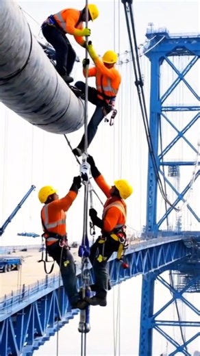 Workers installing and securing hanger cables to the main suspension cable