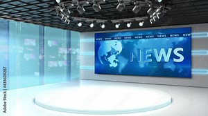 Tv studio. News room. Blye and red background. General and close-up shot. News Studio. Studio Background. Newsroom bakground. The perfect backdrop for any green screen or chroma key video production
