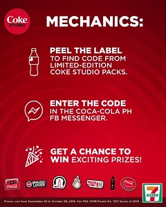 Taste, peel and win exciting prizes! Buy 500mL Coke in any 7-Eleven store and get a chance to win limited edition Coke patches or a VIP ticket to the Coca-Cola Christmas concert! #711ph #CokeStudioMyFeels Available in all stores except: https://www.7-eleven.com.ph/whatsnew/excluded-stores-promotions/ | 7-Eleven Philippines