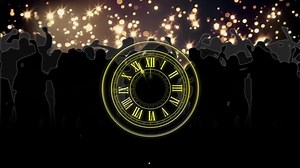 Animation of clock showing midnight and fireworks exploding on black background | Premium Stock Video Footage