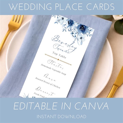 Dusty Blue & Gold Wedding Menu Place Cards | Editable Canva Template | Printable Wedding Table Setting - Etsy