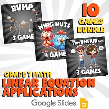 10 No Prep Math Games Bundle E - Linear Equation Applications - Grade 7 Review