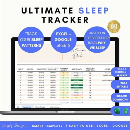 Ultimate Sleep Log Tracker, Google Sheet   Excel Spreadsheets, Template Planner to Track Sleep Routines, Time and Habits. Instant Download - Etsy