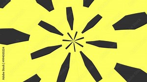 A striking visual featuring a circular spiral pattern made up of black and yellow triangles. The yellow triangles form the center, with the black triangles creating an outer ring