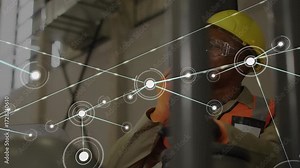 Forklift operator lifting radio and speaking, activating animated node network in warehouse bay