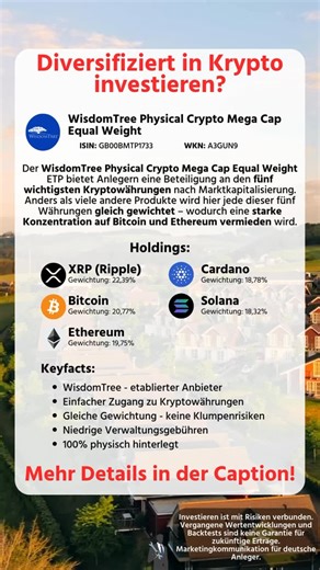 Aktien | Dividenden | Finanzen on Instagram: "AD (WERBUNG) Moin Freunde, heute zeige ich euch einen Krypto-ETP, der breiter diversifiziert ist als die meisten Krypto-Produkte auf dem Markt – und die typische Übergewichtung von Bitcoin & Ethereum vermeidet. Der WisdomTree Physical Crypto Mega Cap Equal Weight investiert gleichgewichtet in die fünf wichtigsten Kryptowährungen nach Marktkapitalisierung. Deine Vorteile: ✅ WisdomTree - etablierter Anbieter ✅ Einfacher und sicherer Zugang zu Kryptowäh