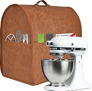 Stand Mixer Cover, Kitchen Aid Mixer Cover, With 3 Pockets for Accessories,PU leather Fabric, soft & comfortable,PVC Aluminized Film Lining. (Fit for Tilt Head 4.5-5 Quart, Brown)