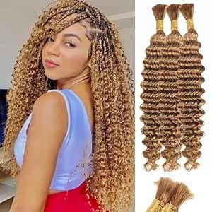 Blonde Human Braiding Hair - Deep Water Wave, 150g, 20 Inch, Color 27 Curly, Boho Braids, No Weft, 3 Braids Per Pack, Wet and Wavy