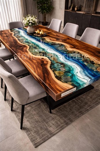 Epoxy Ocean Beach Kitchen Table, Resin River Dining Table, Live Edge Wood Furniture, Handmade Coastal Home Decor - Etsy