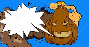 Cartoon Jack O' Lantern with blank speech bubble, comic book Halloween video. Retro comics pop art animation.
