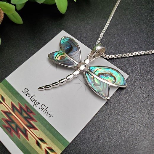 FFD-707 | Lovely Paua Shell Inlay Dragonfly Necklace Pendant Option With Silver Chain | Sterling Silver Inlay Abalone Dragonfly Necklace - Etsy