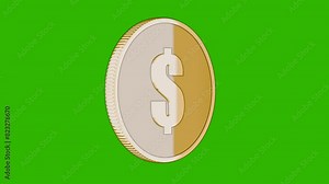 A cartoon style gold coin rotates around itself on a chrome key. Seamless animation. Money, bank, loans. A gold coin with a dollar symbol is tilted and rotated. Coin for casino. Currency. Donations.