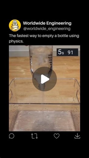 WORLDWIDE ENGINEERING 🌍 on Instagram: "Creating a vortex by swirling the bottle rapidly is one of the fastest ways to empty it using physics. This technique capitalizes on centripetal force to draw the liquid towards the center, creating a whirlpool effect that expedites the emptying process. By reducing pressure at the center and facilitating air intake, the vortex allows the liquid to flow smoothly out of the bottle. It’s a simple yet effective application of fluid dynamics principles to achi