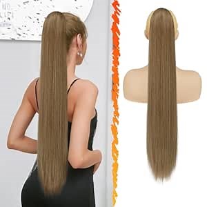 BARSDAR Long Straight Ponytail Extension - 30 Inch Drawstring Brown Ponytail Hair Extensions Synthetic Clip in Pony Tails Hairpieces Fake Straight Ponytail for Women Girls Daily- Light Brown Mixed