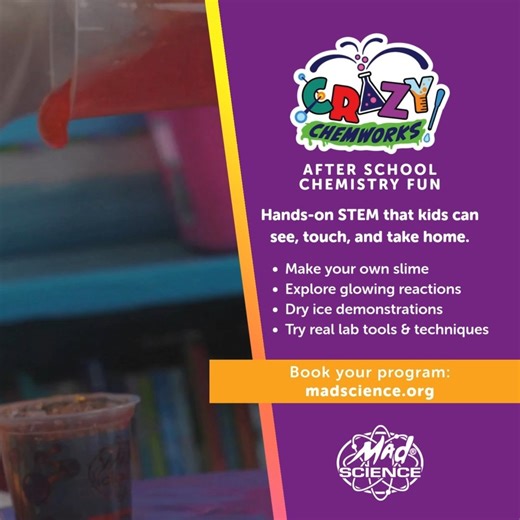Crazy Chemworks: After School Chemistry Fun 🧪 STEM comes alive with slime, glowing reactions, and real mini-lab experiments. Safe, hands-on, and wildly engaging for curious kids! 👉 Find a program near you: https://zurl.co/4j7Tr #MadScience #CrazyChemworks #AfterschoolPrograms #STEMForKids #DIYSlime | Mad Science