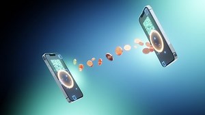 smart phone transfer money , gold coin move to mobile, Qr code Scan, blue background, dollar symbol