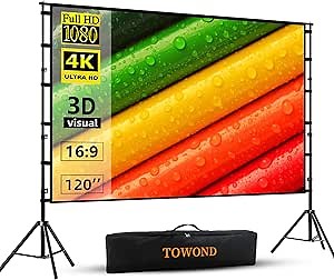 Projector Screen and Stand, Towond 120 inch Portable Projector Screen Outdoor Projector Screen 16:9 4K HD Rear Front Movie Screen with Carry Bag Wrinkle-Free Design for Home Theater Backyard Cinema