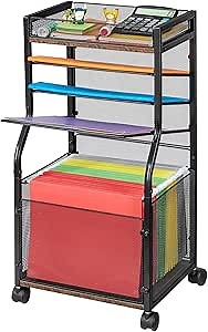 5-Tier Rolling File Cart with Hanging File Folders, Mobile Desk File Organizer on Lockable Wheels, Wood & Mesh Paper Letter Sliding Trays Organization for Office, Home, School, Patent