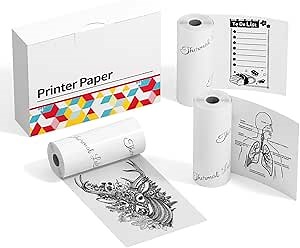 Thermal Paper, White Self-Adhesive Mini Printer Paper Compatible with T02/M02/M02S/M04 Bluetooth Pocket Mobile Printer, Thermal Printer Paper for Note, Journal, Black on White, 50mm x 3.5m, 3 Rolls