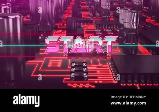 Start over neon start text over neon banner against cityscape on wooden cityscape. Video game digital interface and communication concept digitally generated video Stock Video Footage - Alamy