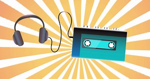 Download Animation loop motion design with an old retro hipster music tape recorder from the 90s, 80s, 70s against the backdrop of a sunburst effect in high resolution 4k for free