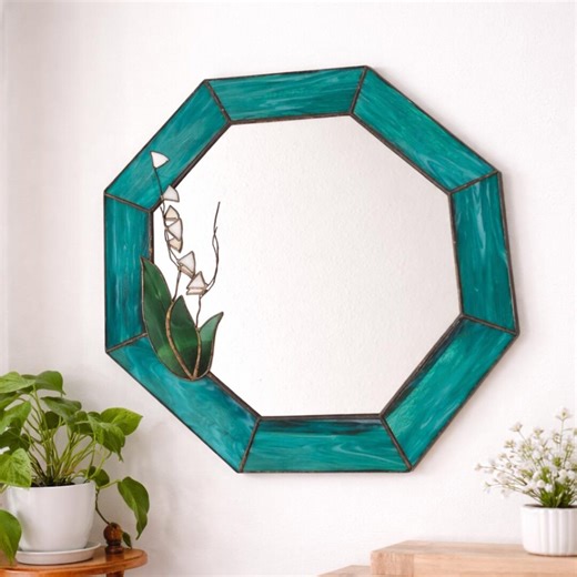 Vintage Stained Glass Octagon Mirror — Emerald Green Frame With Lily of the Valley, 13.5” - Etsy