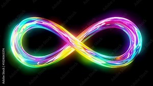 A glowing infinity symbol in vibrant rainbow colors on a dark background, representing the idea of boundless possibilities and continuity