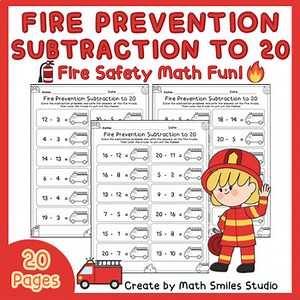 Fire Prevention Week Subtraction to 20 Worksheet | Fire Safety Math Fun 1st-2nd