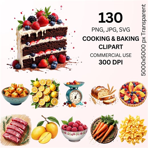 Cooking & Baking Clipart Bundle, 130 Food Illustrations PNG SVG, Kitchen Baking Graphics, Commercial Use - Etsy