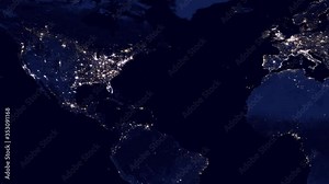 Earth map at night showing city lights. Focus on USA. Global electricity network.