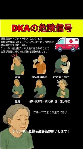 DKAの危険信号｜命に関わる症状を見逃さないで！ #DKA #糖尿病 #高血糖 #ケトアシドーシス #緊急症状 #健康情報#頭痛 #吐き気 #脱力感 #呼吸異常 #フルーツ臭 #医学知識 #救急