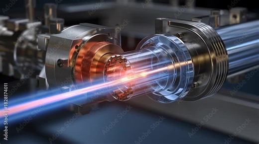 Abstract visualization of the SILEX laser enrichment process, with a high-powered laser selectively exciting and separating U-235 isotopes from a flowing gas stream, depicted in a futuristic scientifi