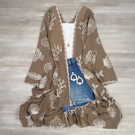 Boho Seashell Kimono Beach Cover up – Embroidered Summer Cardigan, Resort Wear, Tropical Vacation Outfit - Etsy