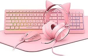Pink Keyboard and Mouse, Cat Ear Headset & Mouse Pad(35x15 in) Combo, RGB Gaming Mice with 6400DPI, Gaming Headphones with Noise Cancelling Mic for Gamer/Live Streamer, Rainbow Backlit Keyboard