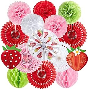 Strawberry Paper Fans, Strawberry Party Decorations, Berry First Birthday Decor, Pink Red White Green Tissue Paper Pom Poms Honeycomb for Birthday Girl Baby Shower Room Classroom