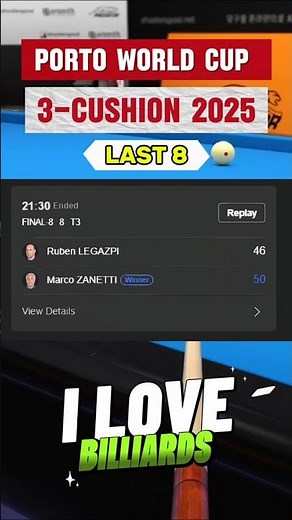 PORTO World Cup 3 Cushion 2025 Quarter Final Match Results