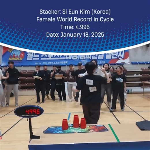 A moment for the history books! ⏱️🔥 On January 18, 2025, Si Eun Kim from Team Korea became the first female to break the 5-second barrier in the Cycle stack, setting a new Female Individual Cycle World Record with an unbelievable time of 4.996 seconds! 💨 Si Eun Kim is currently the #1 female stacker in the world, holding all three World Records (3-3-3, 3-6-3 & Cycle). Huge congratulations on this incredible achievement! 👏🇰🇷 #SportStacking #SpeedStacks #WorldRecord #HistoryMade #FastestHands