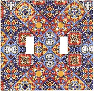 Mexican Talavera Ceramic Tile Printing Pattern 2 Gang Double Toggle Light Switch Cover Decorative Electric Wall Plate Receptacle Switchplate for Bathroom Home Living Room
